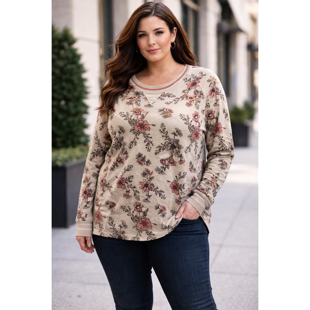 Be Yourself Floral Pullover Womens Large Beige Pink Lounge Top